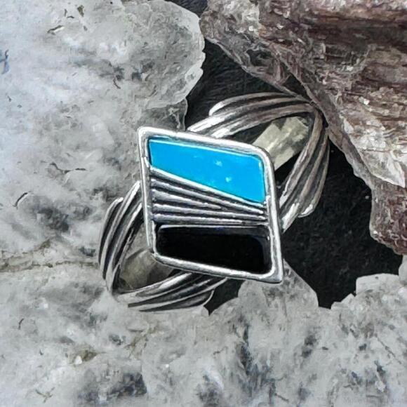 Carolyn Pollack Sterling Diamond Shape Turquoise & Onyx Inlay Ring For Women - Picture 1 of 10